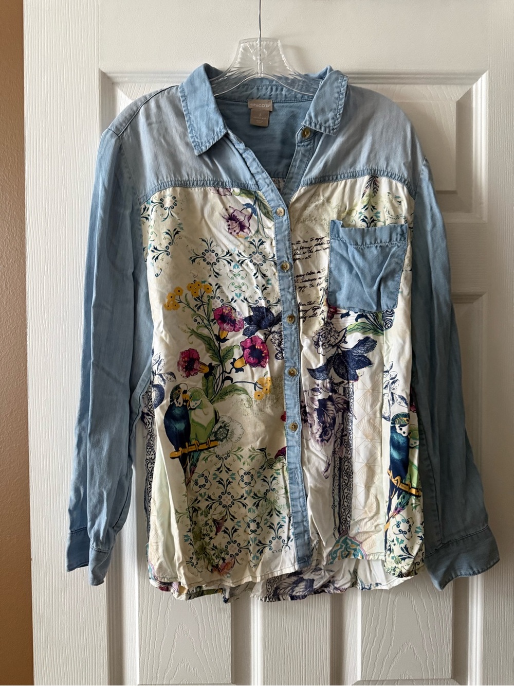 Chico's Mixed Media Chambray Botanical Bird Print Button Down Shirt XL